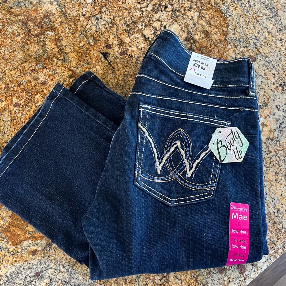 Tall Wrangler Blue Boot Cut Jeans with Contrast Stitching 7/8 Low Rise Country